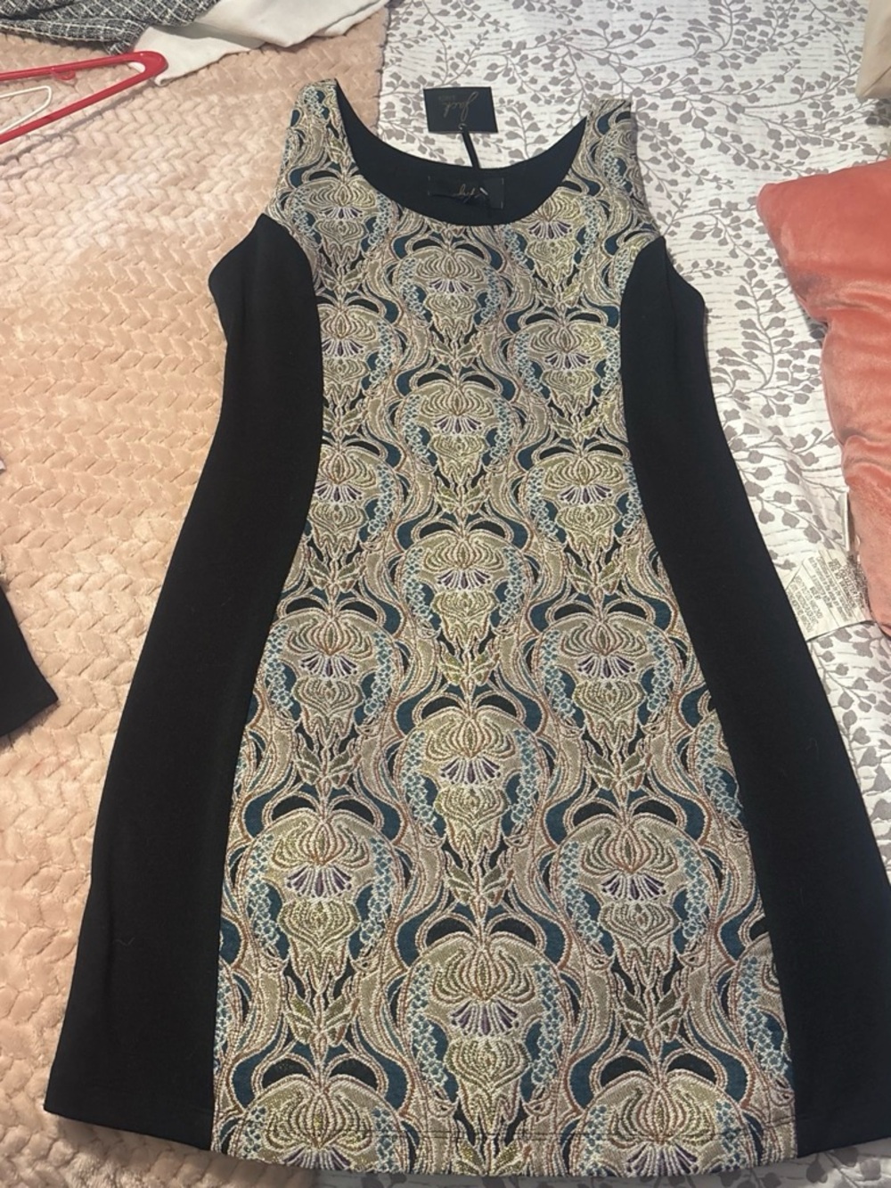 Black Panel Dress with Ornate Gold and Teal Pattern